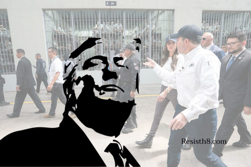 Donald Trump on a background of CECOT prison. Strongmen