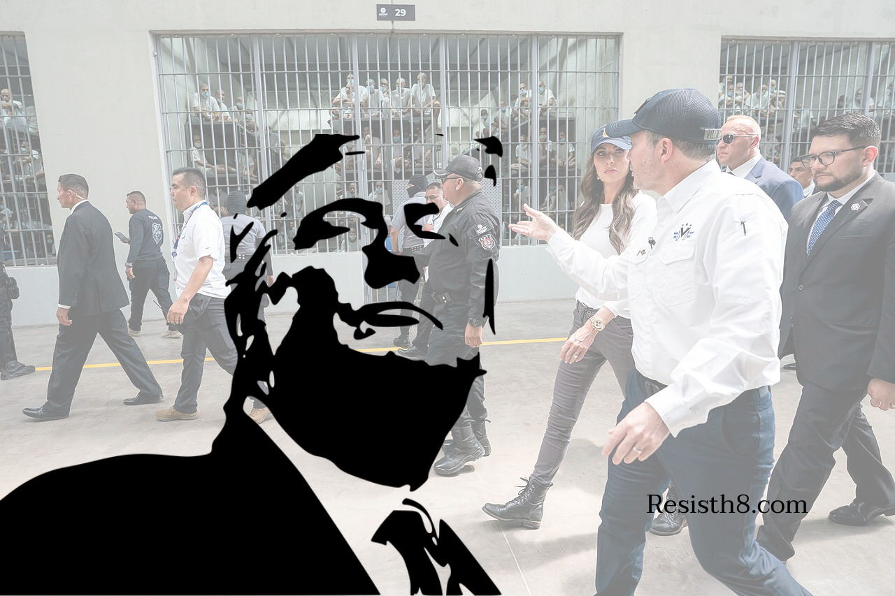 Donald trump on a background of cecot prison. Strongmen