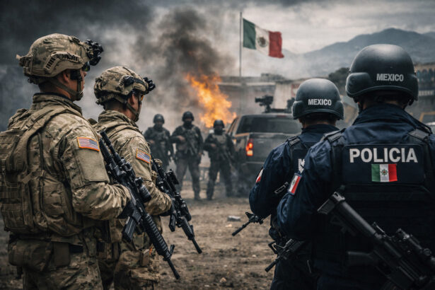 U. S. Bombs mexico: an ai-generated scene of u. S. Soldiers standing next to mexican police officers