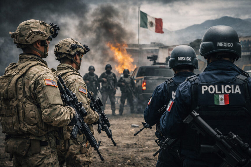 U. S. Bombs mexico: an ai-generated scene of u. S. Soldiers standing next to mexican police officers