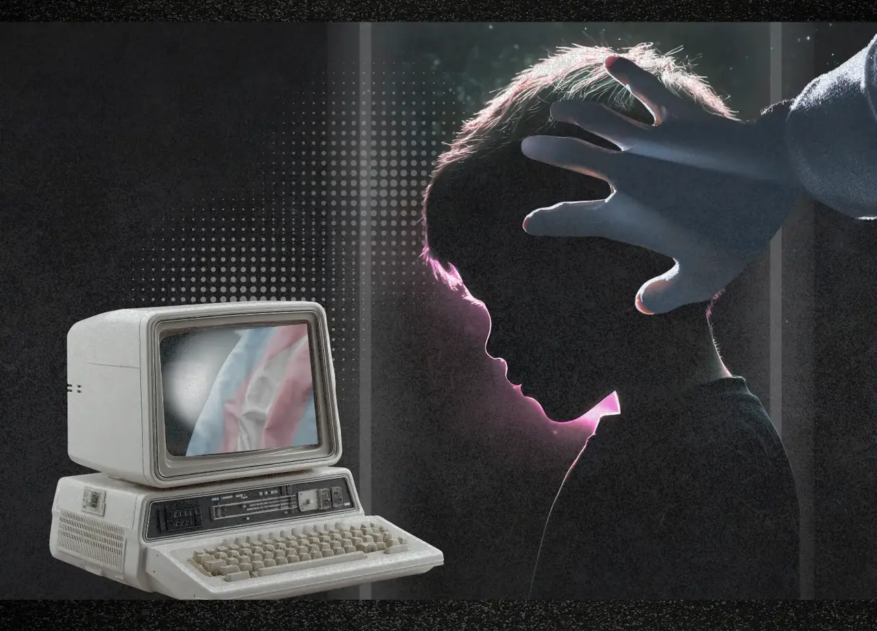 Young boy looking at a computer screen trans terrorism panic