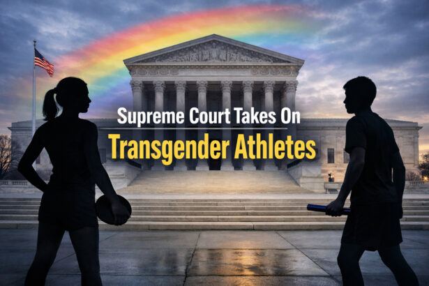 Supreme court with a rainbow in the sky and silhouettes of young transgender athletes in the foreground