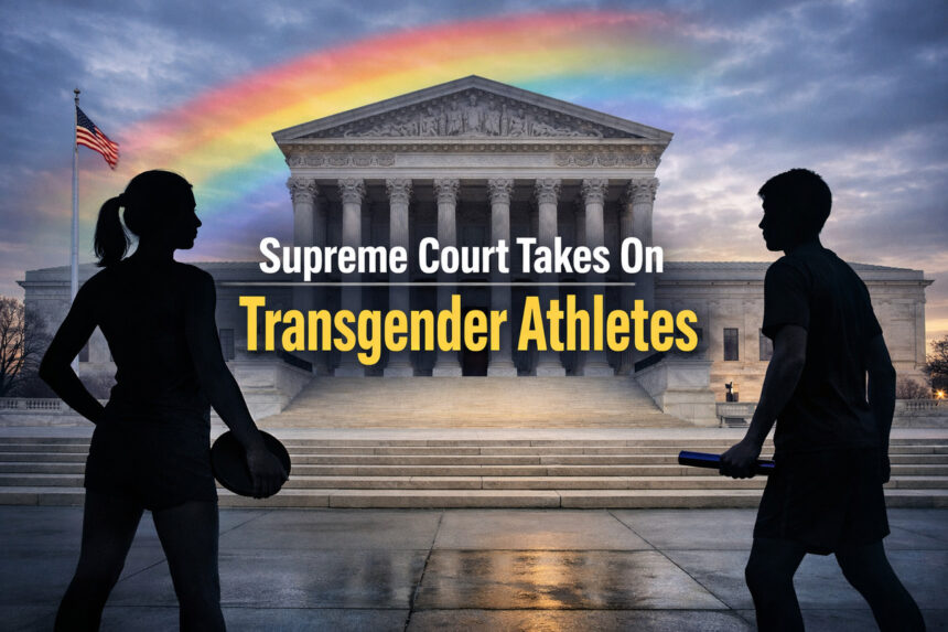 Supreme court with a rainbow in the sky and silhouettes of young transgender athletes in the foreground
