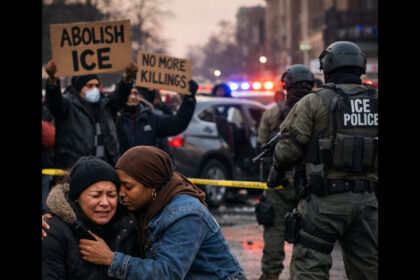 Ai-generated image of a woman crying by a police crime scene next to ice agents. Woman shot by ice