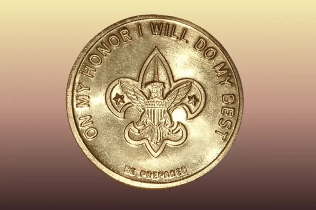 Gold coin with boy scouts logo and pledge