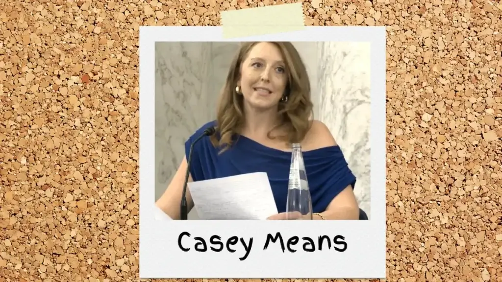 Casey Means polaroid taped onto a corkboard