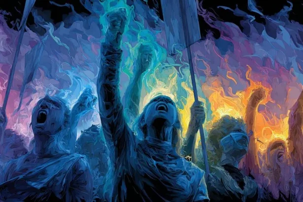 Colorful illustration of protesters. Activists and activism