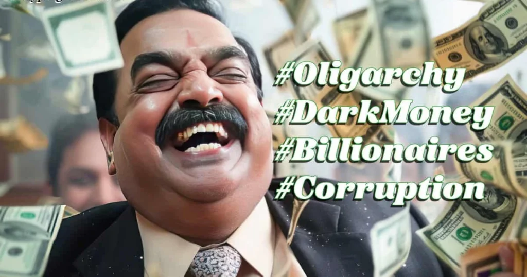 Grassroots activism laughing oligarch with money floating around him