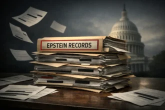 Epstein files on a desk in front of the us capitol building