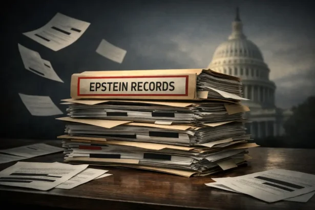 Epstein files on a desk in front of the us capitol building