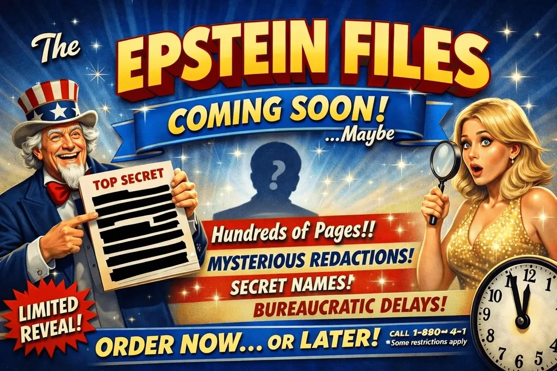 Jeffrey epstein and the epstein files hub hero illustration. Satire