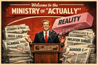 Gaslighting illustration of a politician from the truth adjustment department