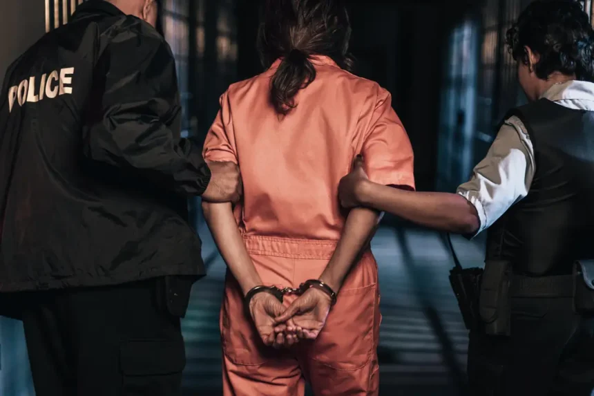 Mass incarceration police lead a female prisoner down a hallway