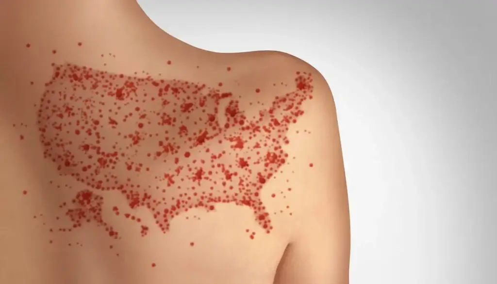 Measles outbreaks in the United States photo of a rash shaped like the US on a shoulder blade