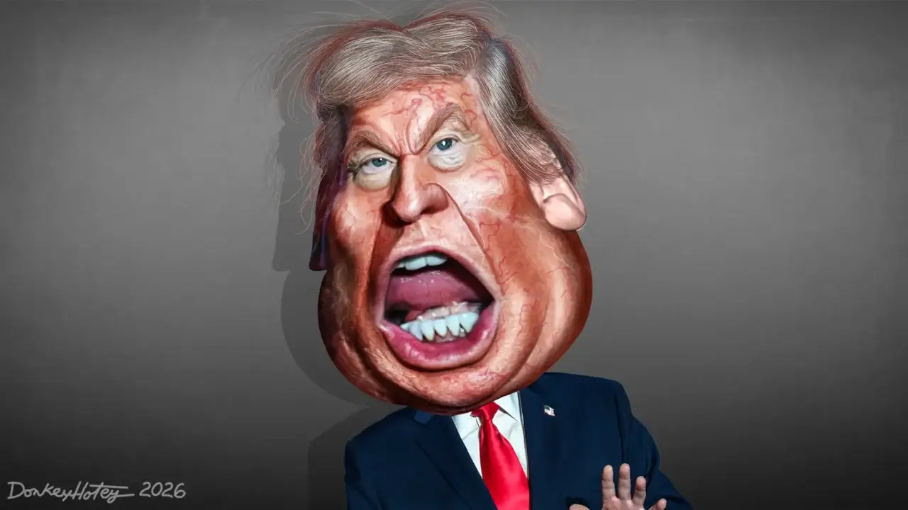 Caricature of Donald Trump screaming. State of the union