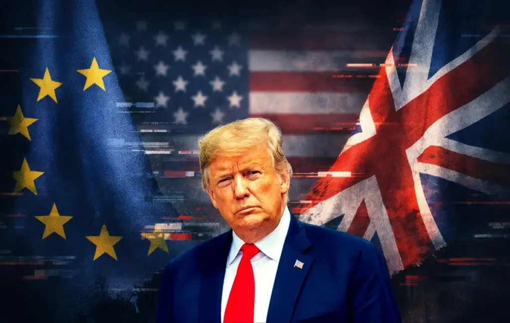 Donald Trump standing in front of the flags of America, UK, and EU