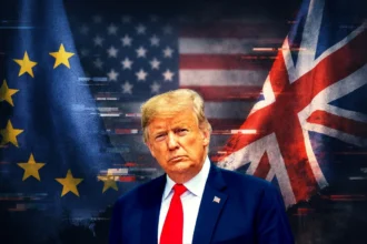 Donald trump standing in front of the flags of america, uk, and eu