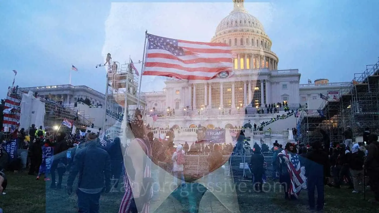 Capitol riots scene in the background with Donald Trump’s portrait as overlay