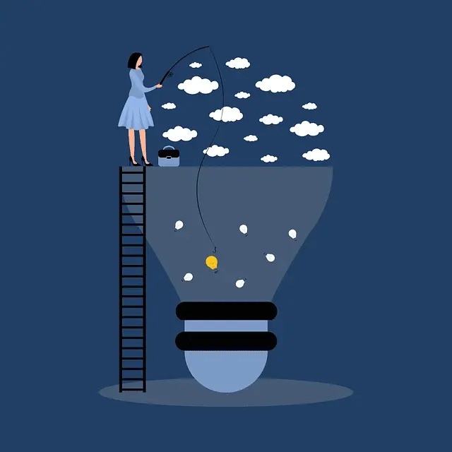 Woman on a ladder at the top of a giant light bulb fishing for explainers