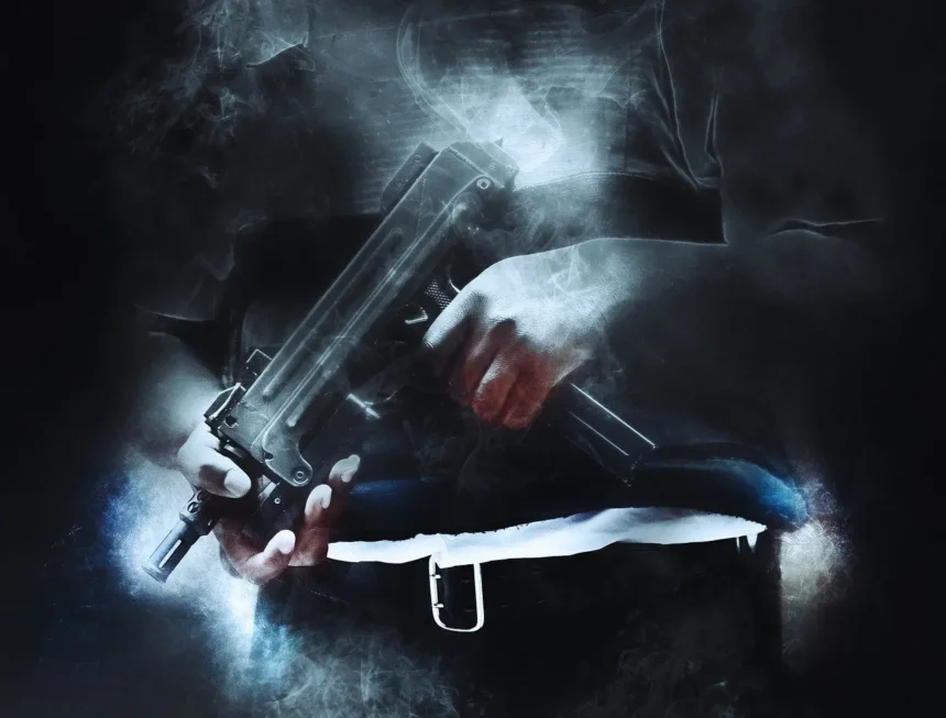 Black and white image of a man holding a gun