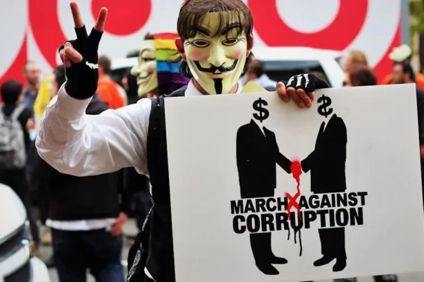 Money in politics a protester wears a guy fawkes mask holding a sign at a rally against corruption in washington, dc.