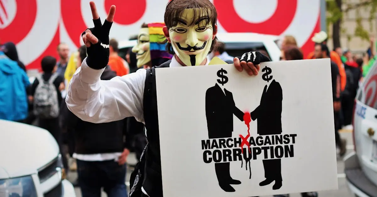 Money in politics a protester wears a guy fawkes mask holding a sign at a rally against corruption in washington, dc.