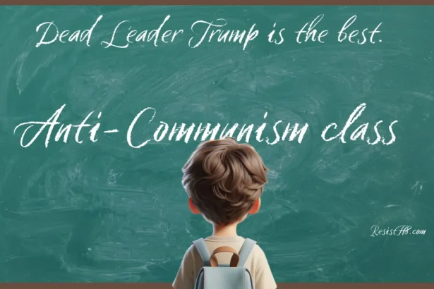Boy student walking into a class on anti-communism