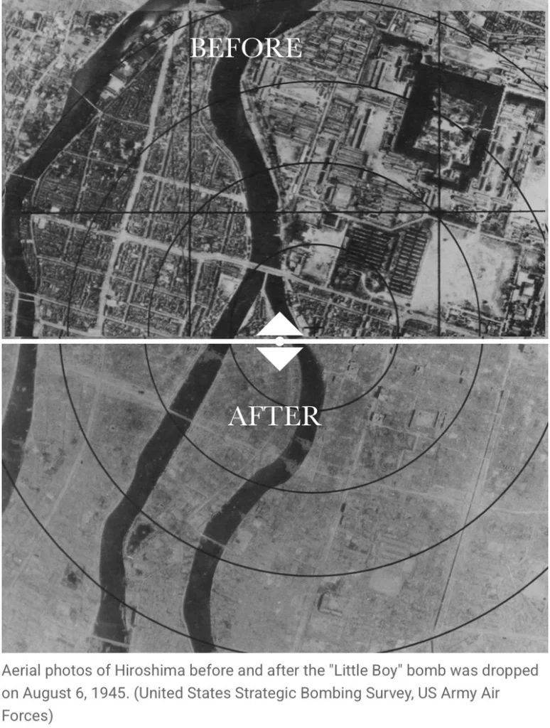 Who is preparing for nuclear catastrophe. Image showing hiroshima before and after bombing