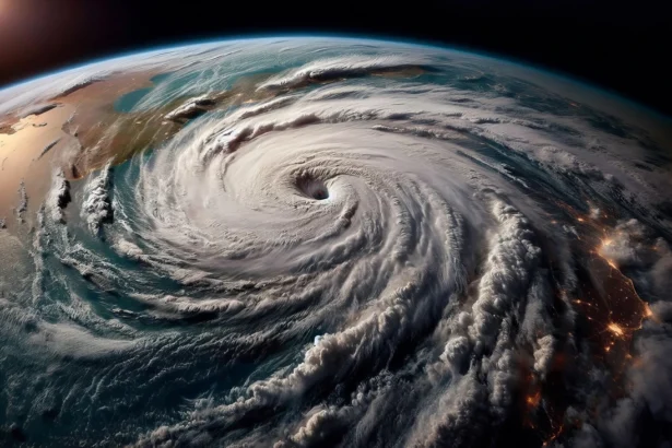 Swirling clouds over the planet as viewed from space