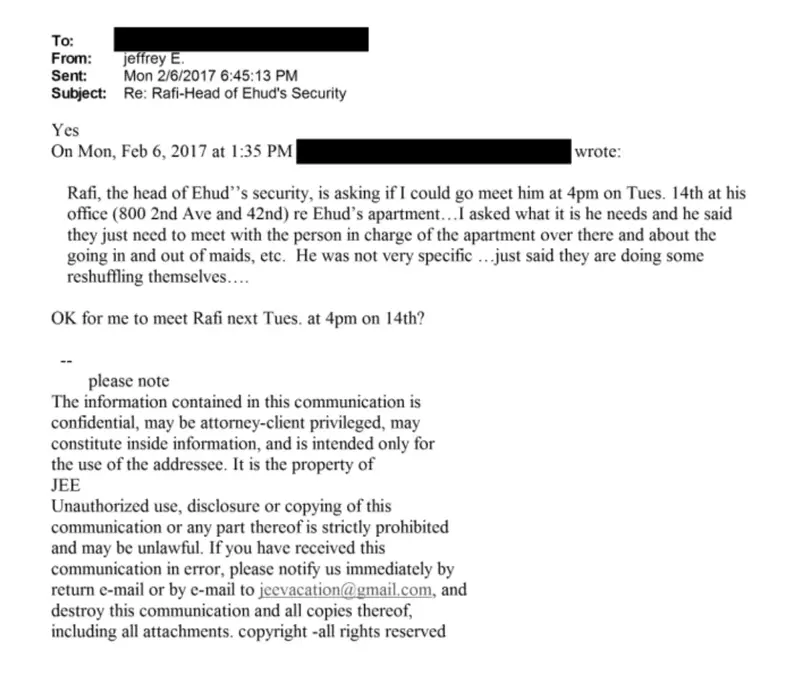 Correspondence between epstein and an unnamed person regarding security for “ehud barak apartment,” february 6, 2017.