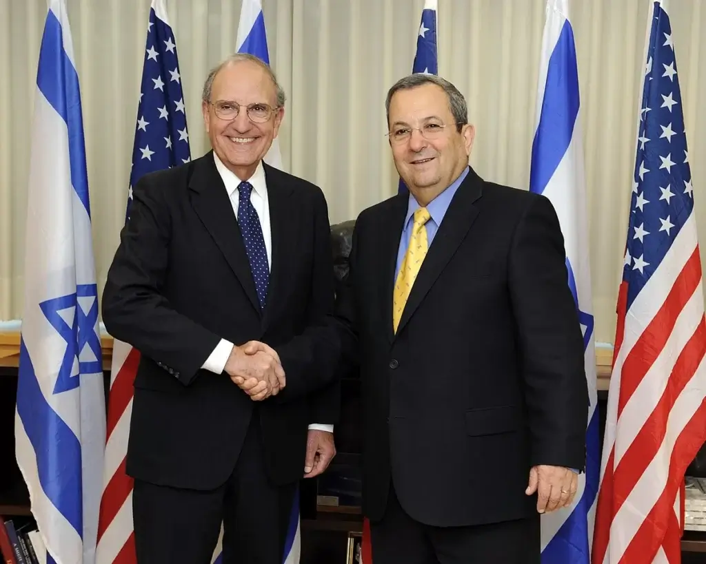 .S. Special Envoy George Mitchell with Israeli Minister of Defense Ehud Barak before their meeting in Tel Aviv, Israel