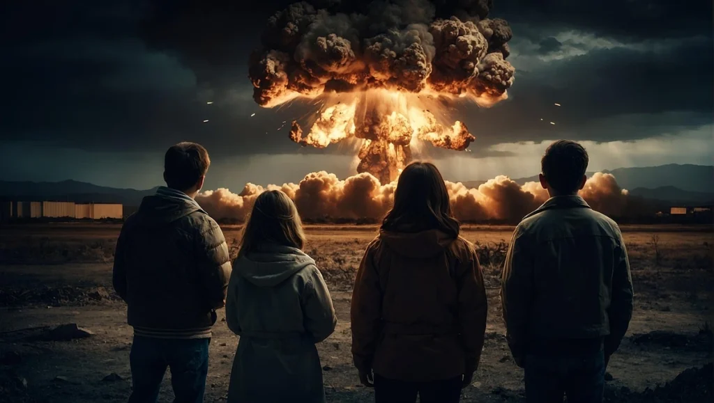 Family watches a nuclear bomb mushroom cloud. WHO is preparing for nuclear catastrophe