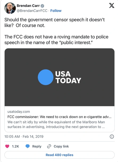 2019 tweet from fcc chairman brendan carr