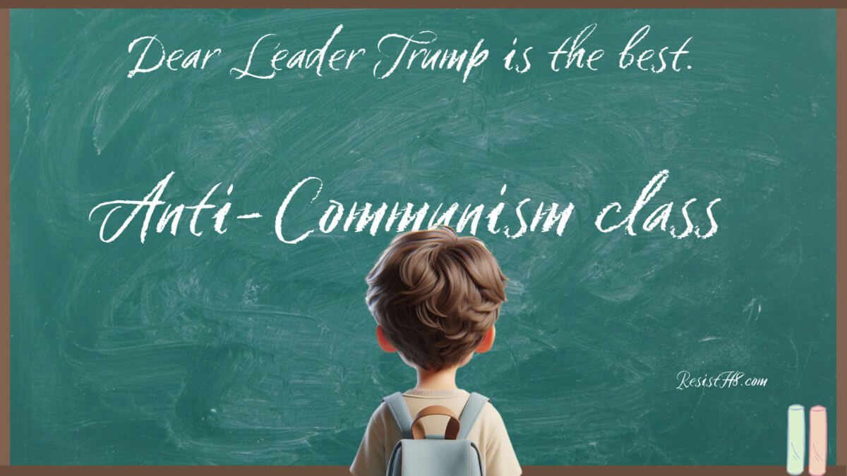 Boy looking at chalkboard welcoming students to anti-communism class