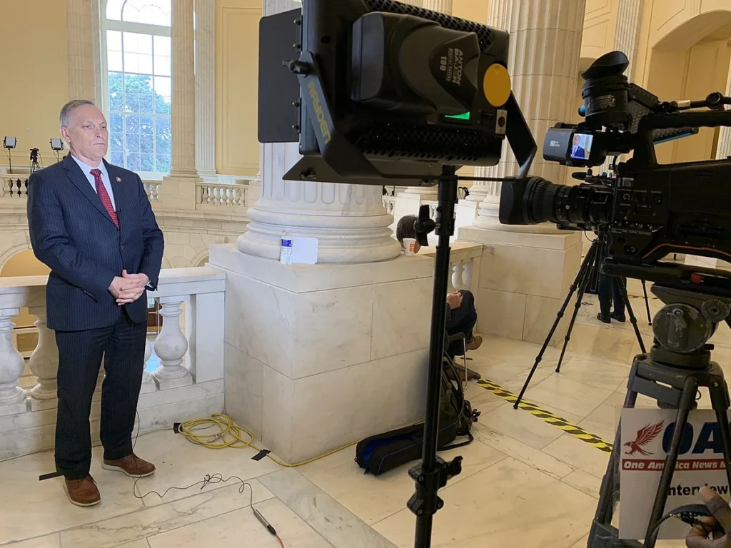 Voice of america began broadcasting oan, one america news, seen here interviewing andy biggs.