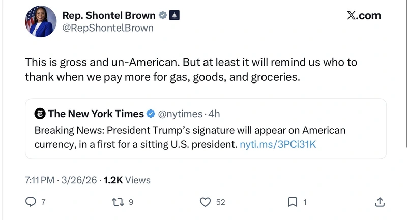 shontel brown tweet Trump’s signature on dollar bill x post from rep. Shontel brown