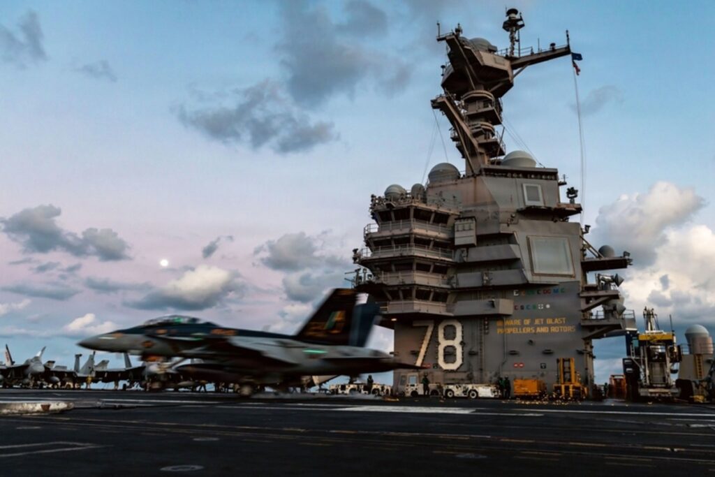 An F/A-18F Super Hornet aircraft lands on the flight deck of the USS Gerald R. Ford in support of Operation Epic Fury in the eastern Mediterranean Sea