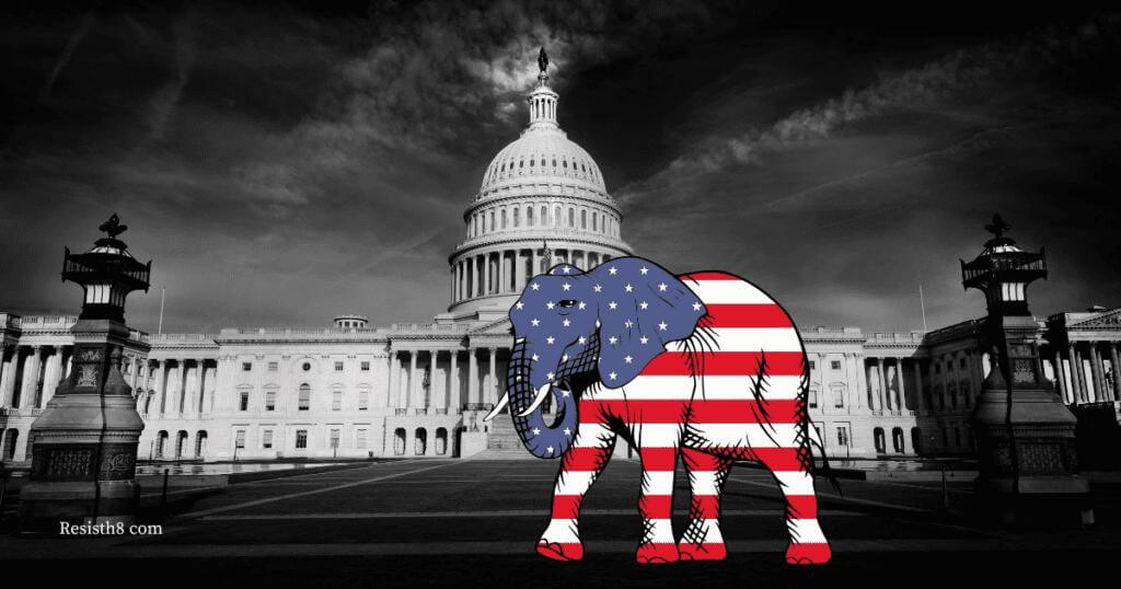 White Nationalism U.S. Capitol background, elephant in colors of the American flag in the foreground