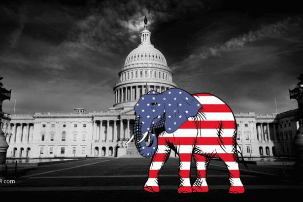 White Nationalism U.S. Capitol background, elephant in colors of the American flag in the foreground