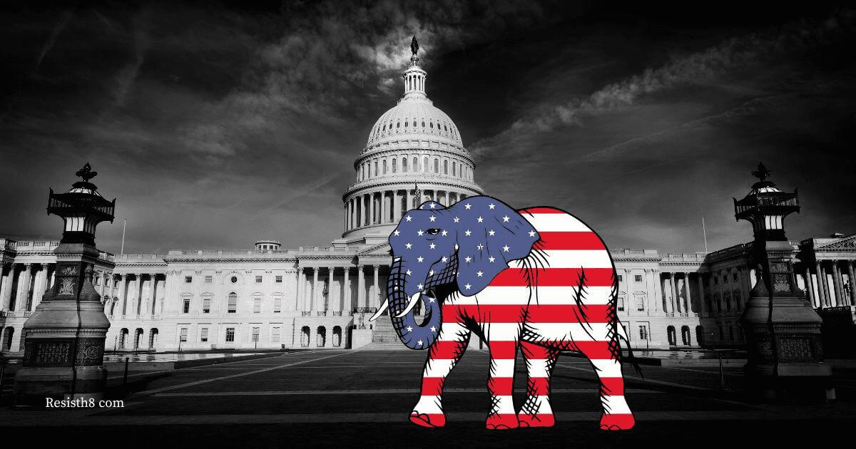 White Nationalism U.S. Capitol background, elephant in colors of the American flag in the foreground