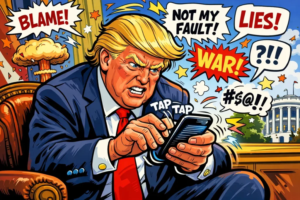 President trump on his cell phone on a truth social posting spree cartoon