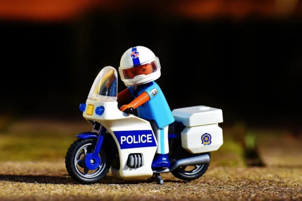 Lego police officer on a motorcycle represents ice posed as police officers