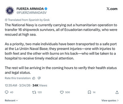 X post about the search for crew members from Ecuadorian officials