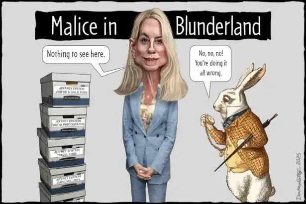 Illustration of Pam Bondi standing next to a stack of boxes labeled with “Epstein.”