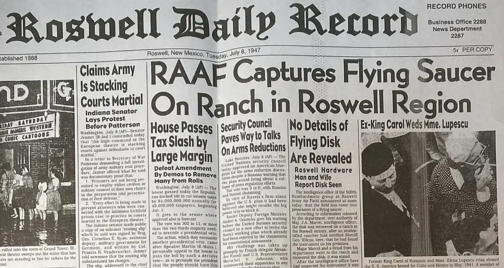 Roswell Daily Record newspaper with headline about the Roswell crash