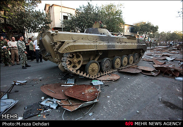 Tank destroying satellite dishes in Iran. Christian satellite TV in Iran