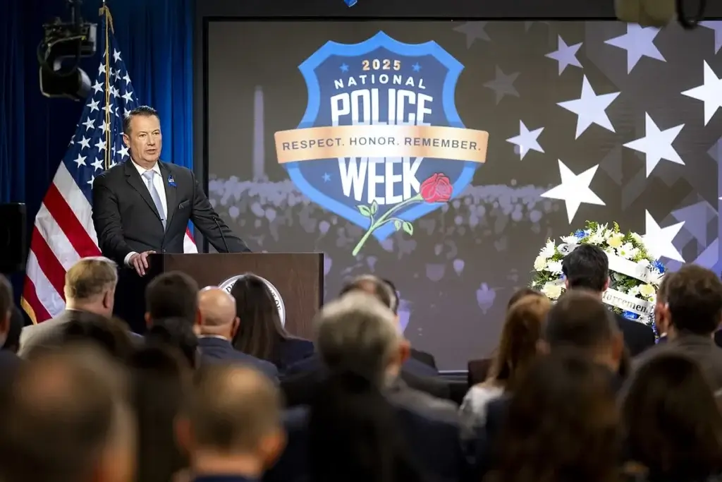 U.S. Immigration and Customs Enforcement (ICE) Acting Director Todd M. Lyons delivers remarks during the annual Valor Memorial and Wreath Laying Ceremony at ICE Headquarters in Washington, D.C.