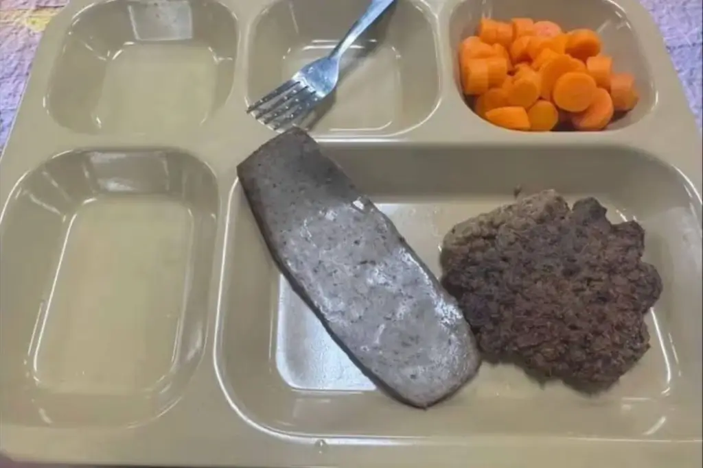 US Navy sailors are hungry and eating gross “food” like this mystery meat on a meal tray