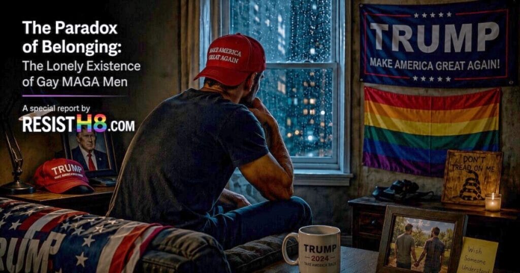 Man sits in dark, wearing MAGA hat. A Trump flag hangs on the wall along with a rainbow flag. Gay MAGA men