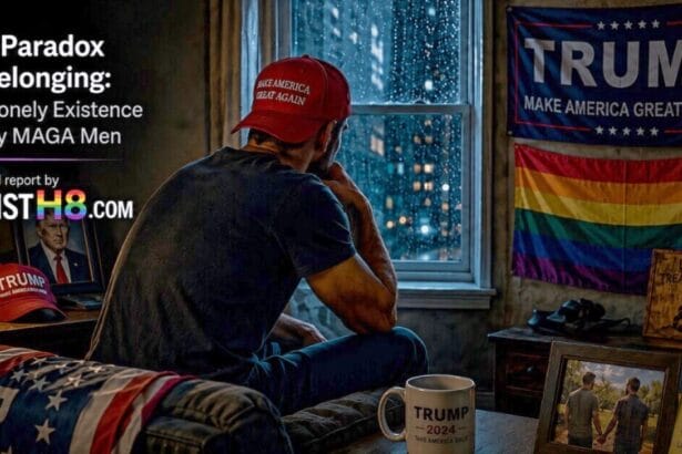 Man sits in dark, wearing MAGA hat. A Trump flag hangs on the wall along with a rainbow flag. Gay MAGA men